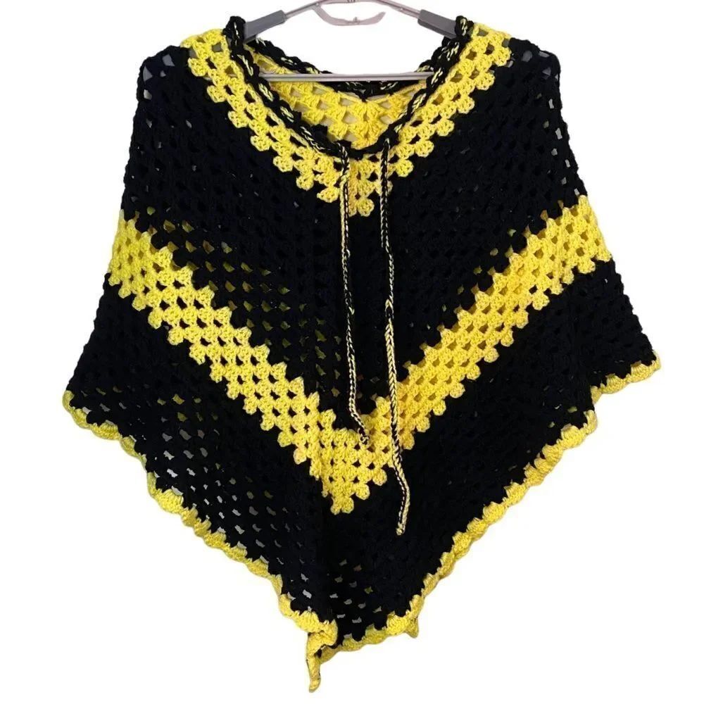 Hand Crochet Black & Yellow Poncho Boho One Size